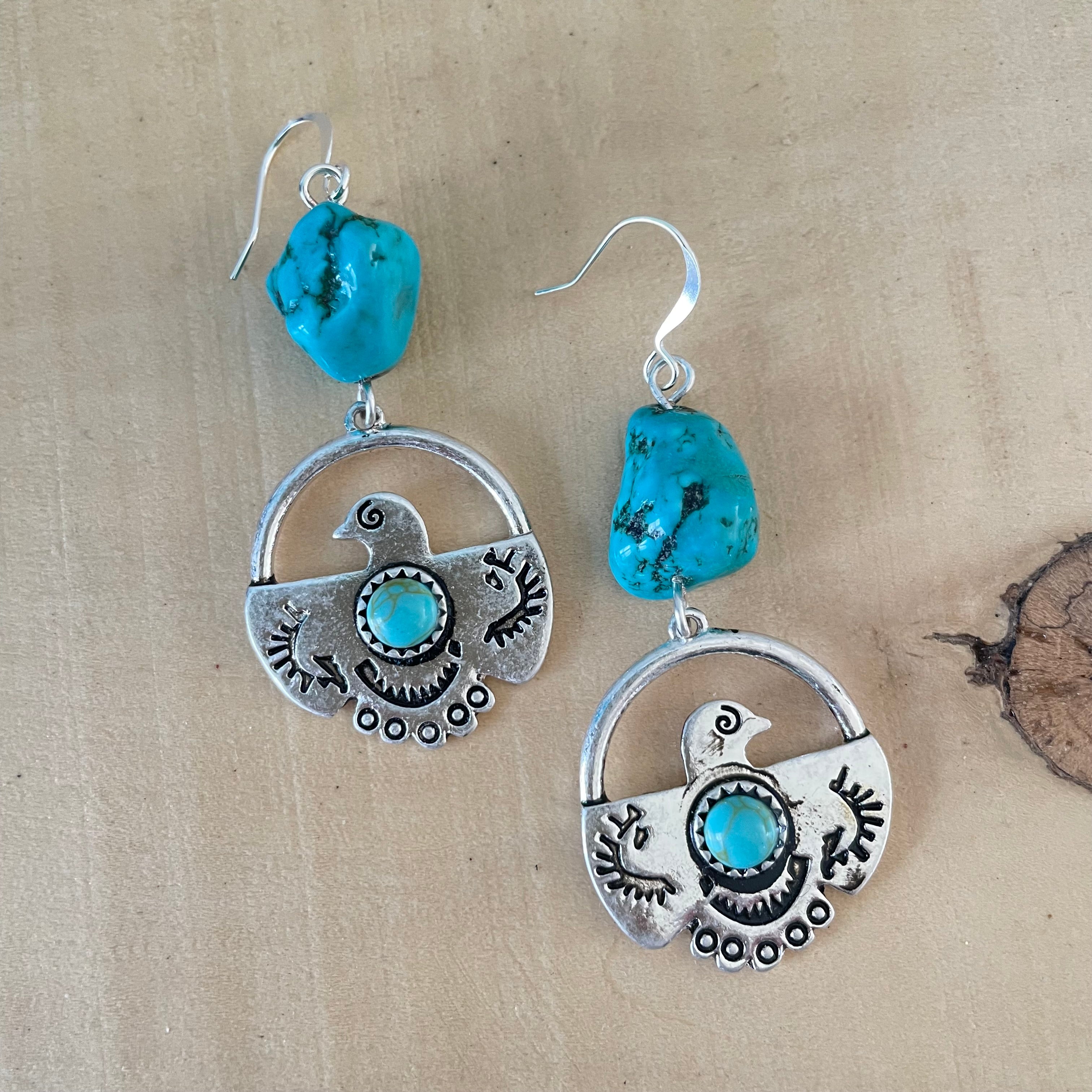Dangling Bird & Turquoise Nugget Earrings 2.5" Southwest Western Stamped Mixed Metal Blue Green Magnesite Handcrafted Women Gift Idea