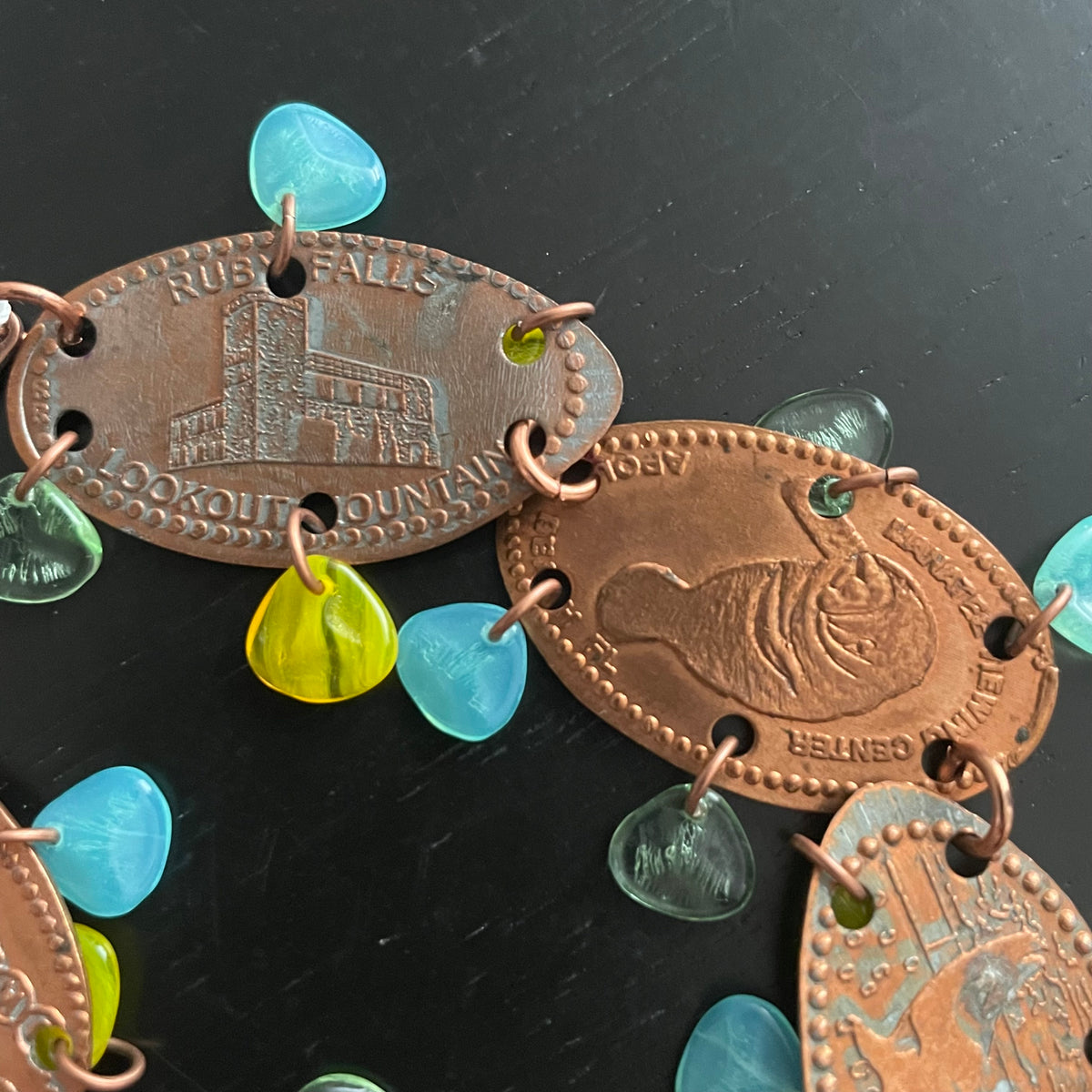 Flattened Penny Bracelet Czech Glass Accents Casual Women's Jewelry Yellow Blue Gift Idea