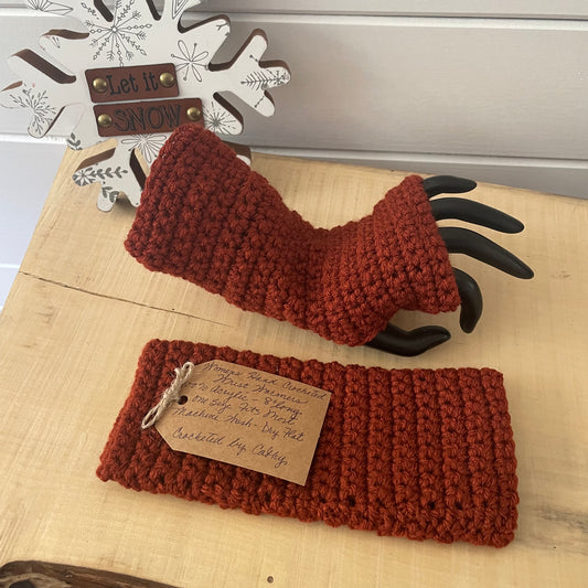 Brick Red Texting Fingerless Gloves Crochet Knit Fall Winter Gaming Hiking Walking Camping Wrist Warmers Outdoor