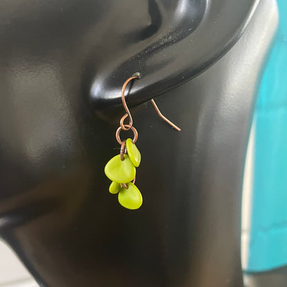 Handmade Czech Glass Leaf & Chain Dangle Earrings 1.25" Olive Green Copper Lightweight Fall Autumnal Colors Short Women Gift Everyday Fashion Jewelry