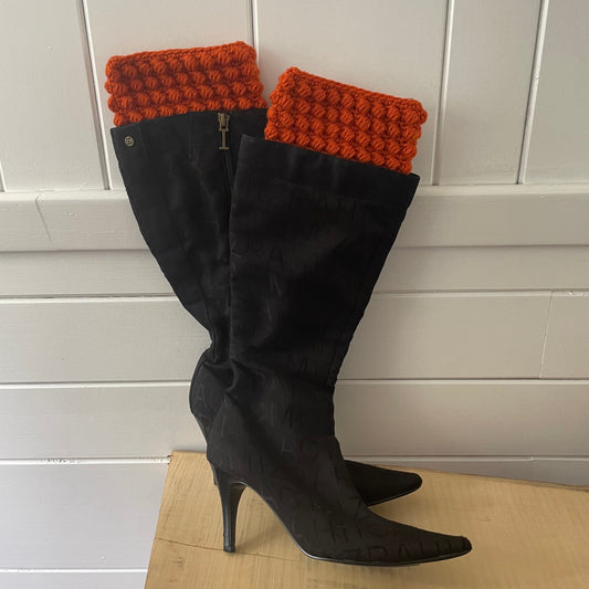 Boot Cuffs in Rust Orange Puff Stitch 12" Hand Crocheted Knit Fall Winter Hiking Indoor Outdoor Cozy Leg Warmers