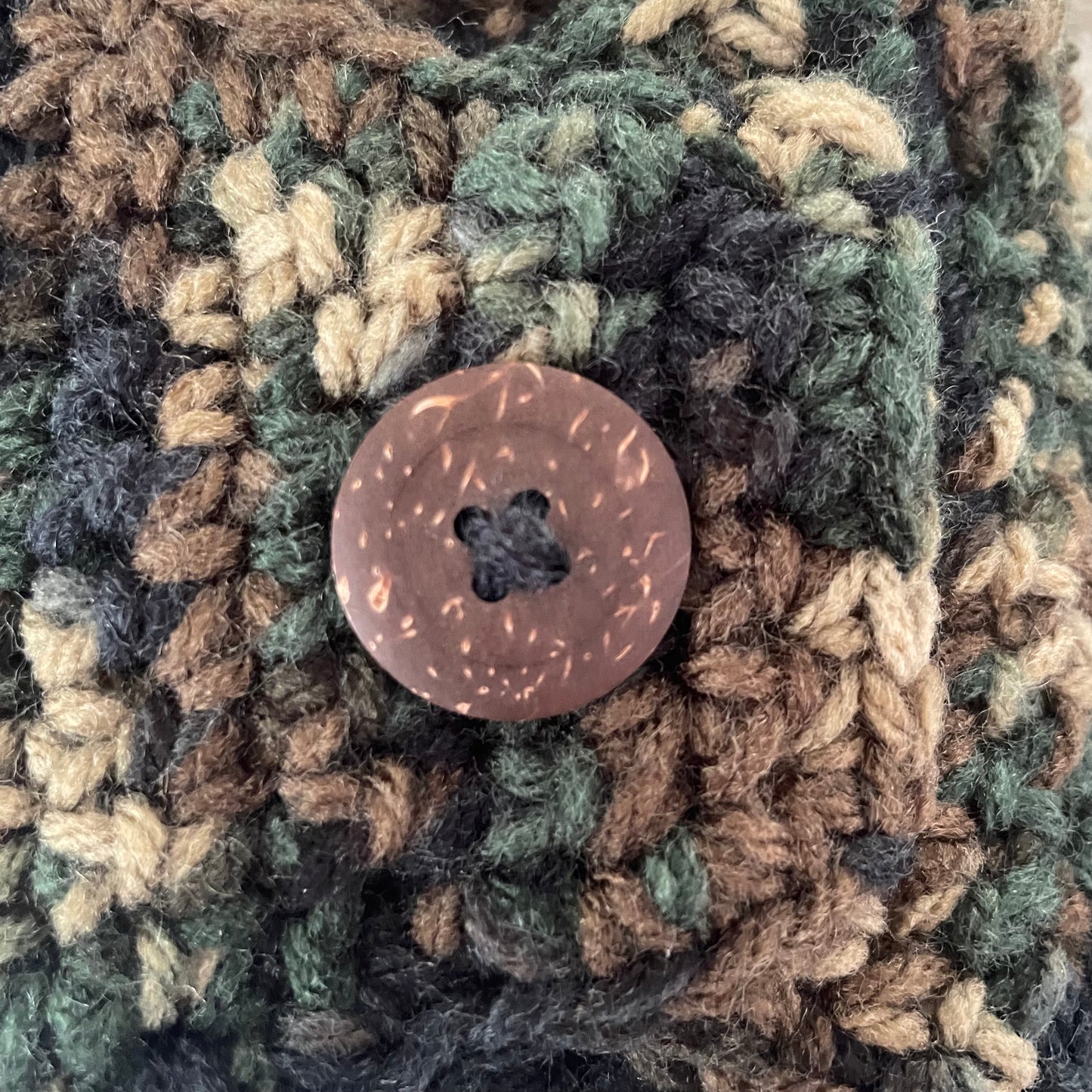 Extra Wide Camouflage Ear Warmer Wood Button Accent 27.5" Fall Winter Outdoor Headband Hand Crocheted Knit