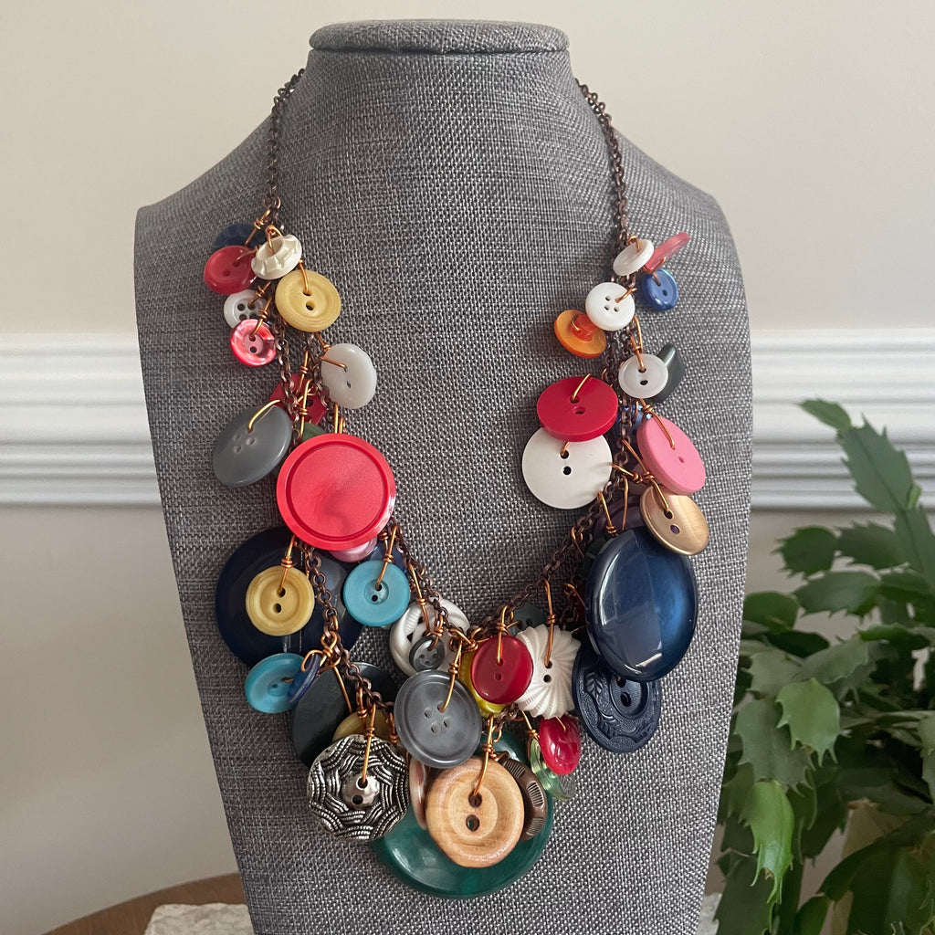Layered Vintage Button Necklace Women's Statement Jewelry Copper Accents Drama Maximalist Handmade