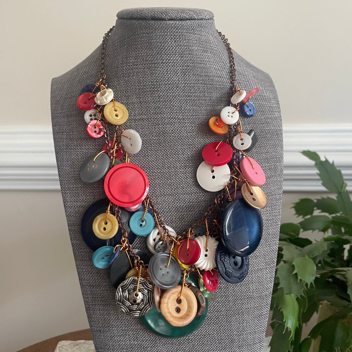 Layered Vintage Button Necklace Women's Statement Jewelry Copper Accents Drama Maximalist Handmade