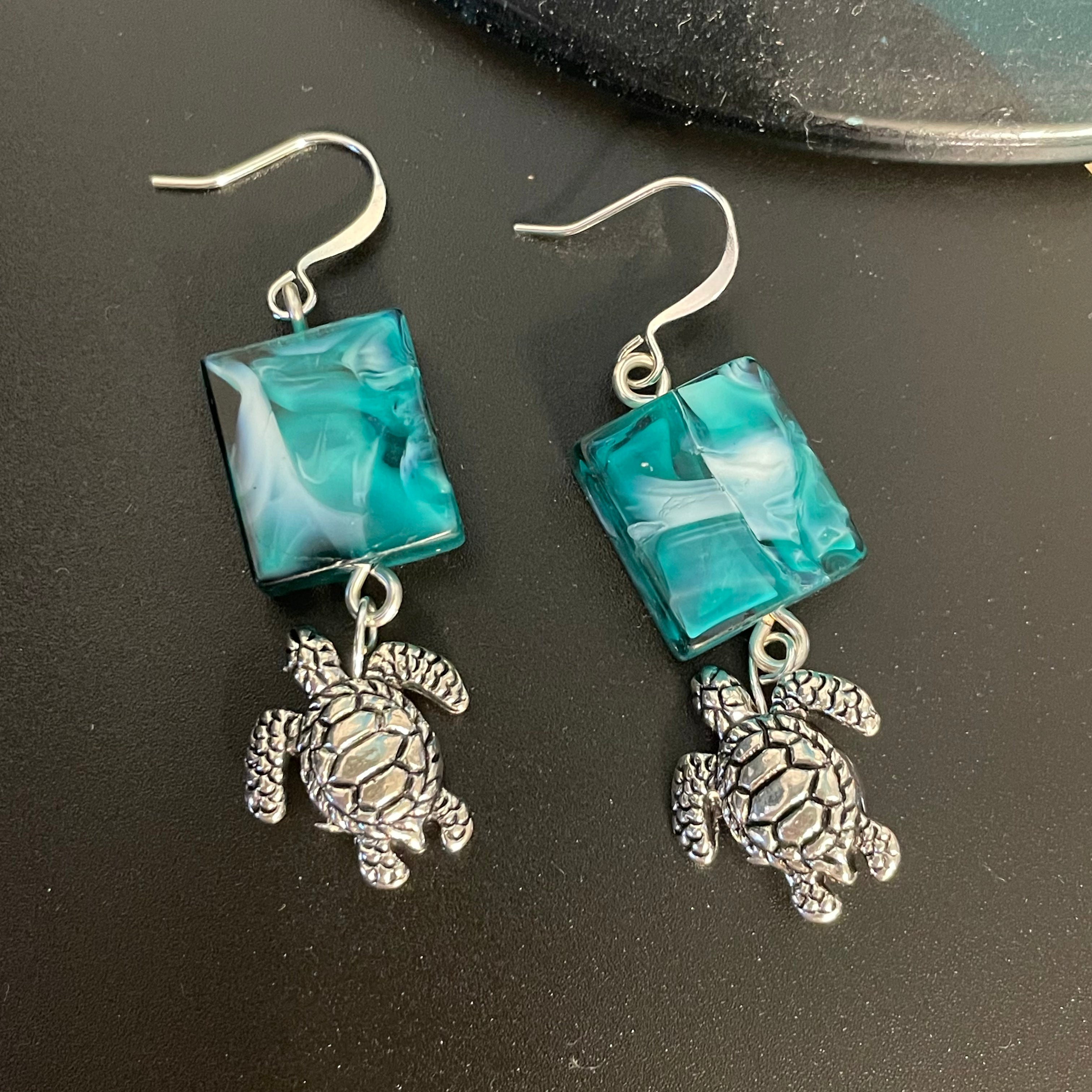 Smokey Swirl Blue & White Pressed Glass Bead & Mixed Metal Turtle Earrings Geometric Ocean Sea Life Women Gift Everyday Fashion Handmade Jewelry