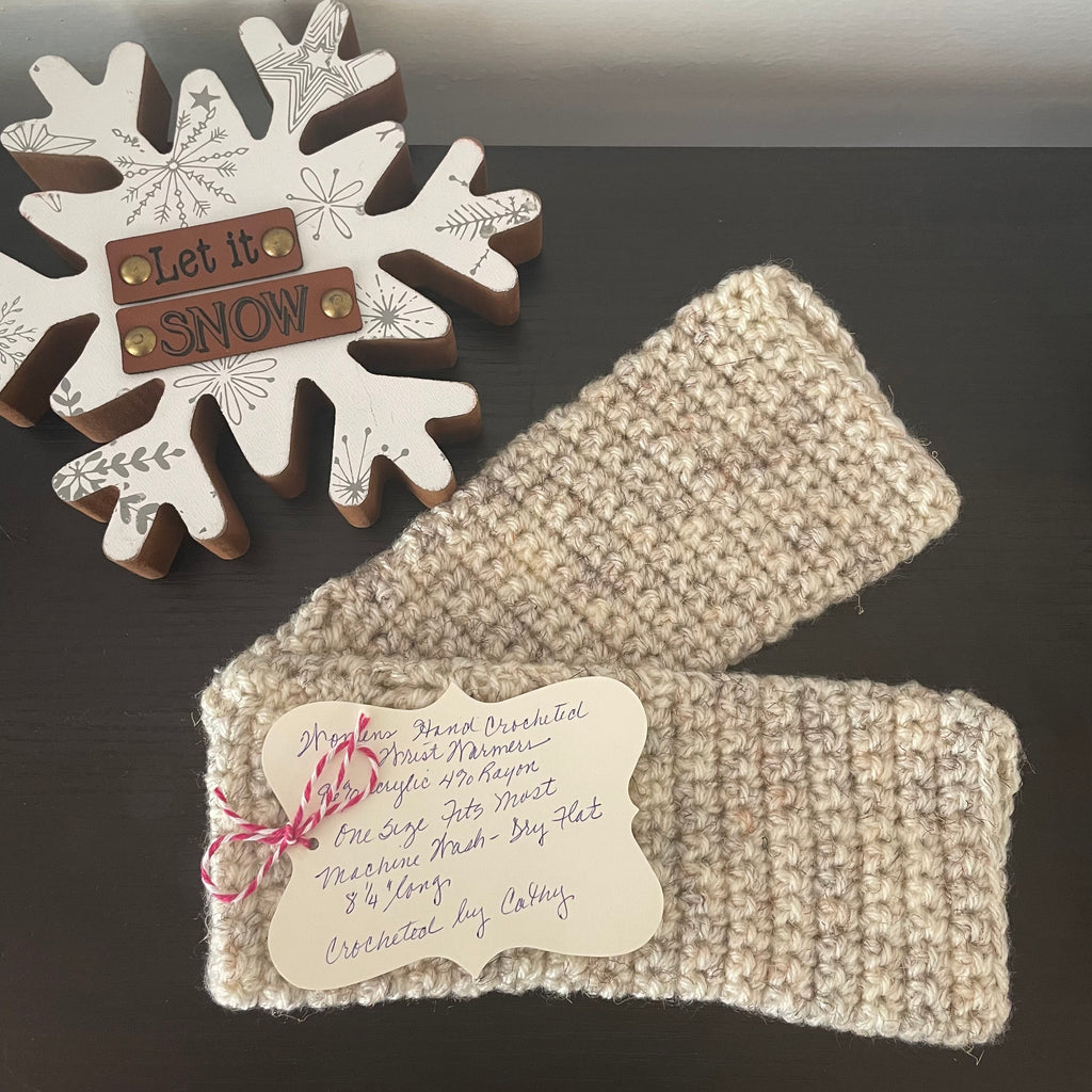 Light Wheat Marble Fingerless Gloves Crochet Knit Fall Winter Hiking Walking Wrist Warmers Outdoor Camping Gaming Ivory Cream Beige Handmade Accessory