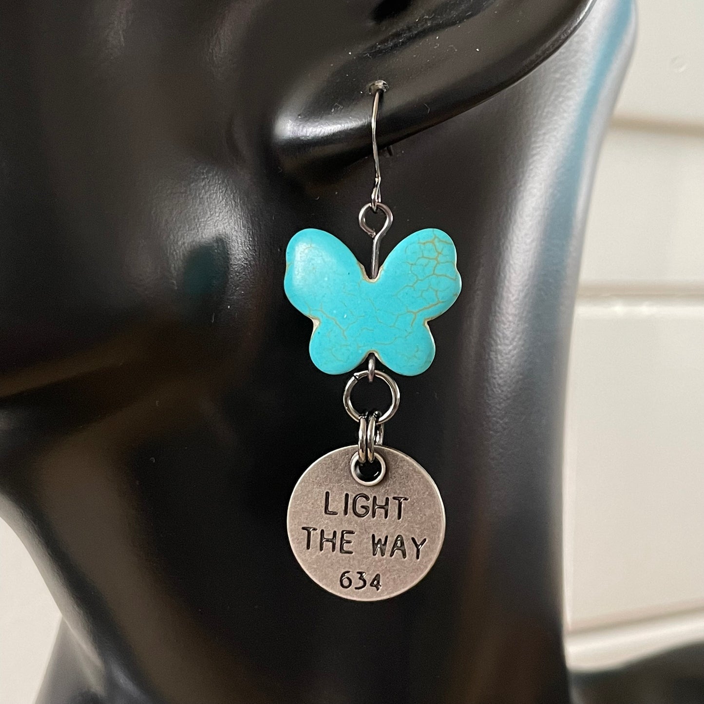 Handmade Blue Marbled Magnesite Butterfly & Motivational Saying Statement Earrings Light Here Now Inspiration Positive
