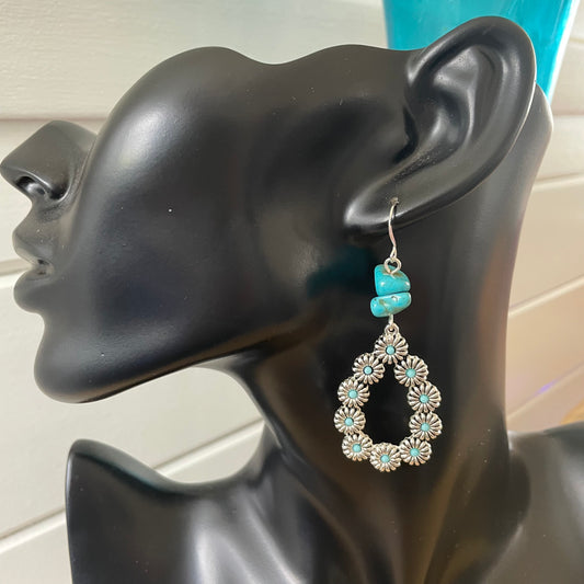 Dangling Floral Teardrop Hoop & Small Turquoise Nugget Earrings 3" Western Stamped Mixed Metal Blue Green Magnesite Handcrafted Women Gift Idea