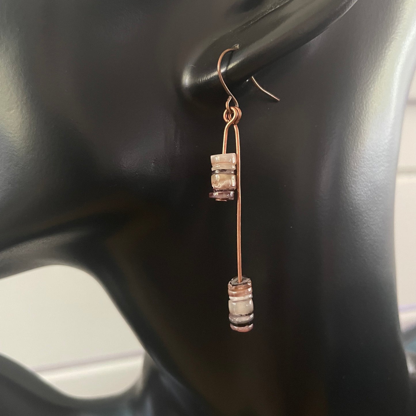 Dangling Shell & Copper Hi- Lo Dangle Earrings 2.25" Fall Autumn Colors Multicolor Brown Tan Cream Lightweight