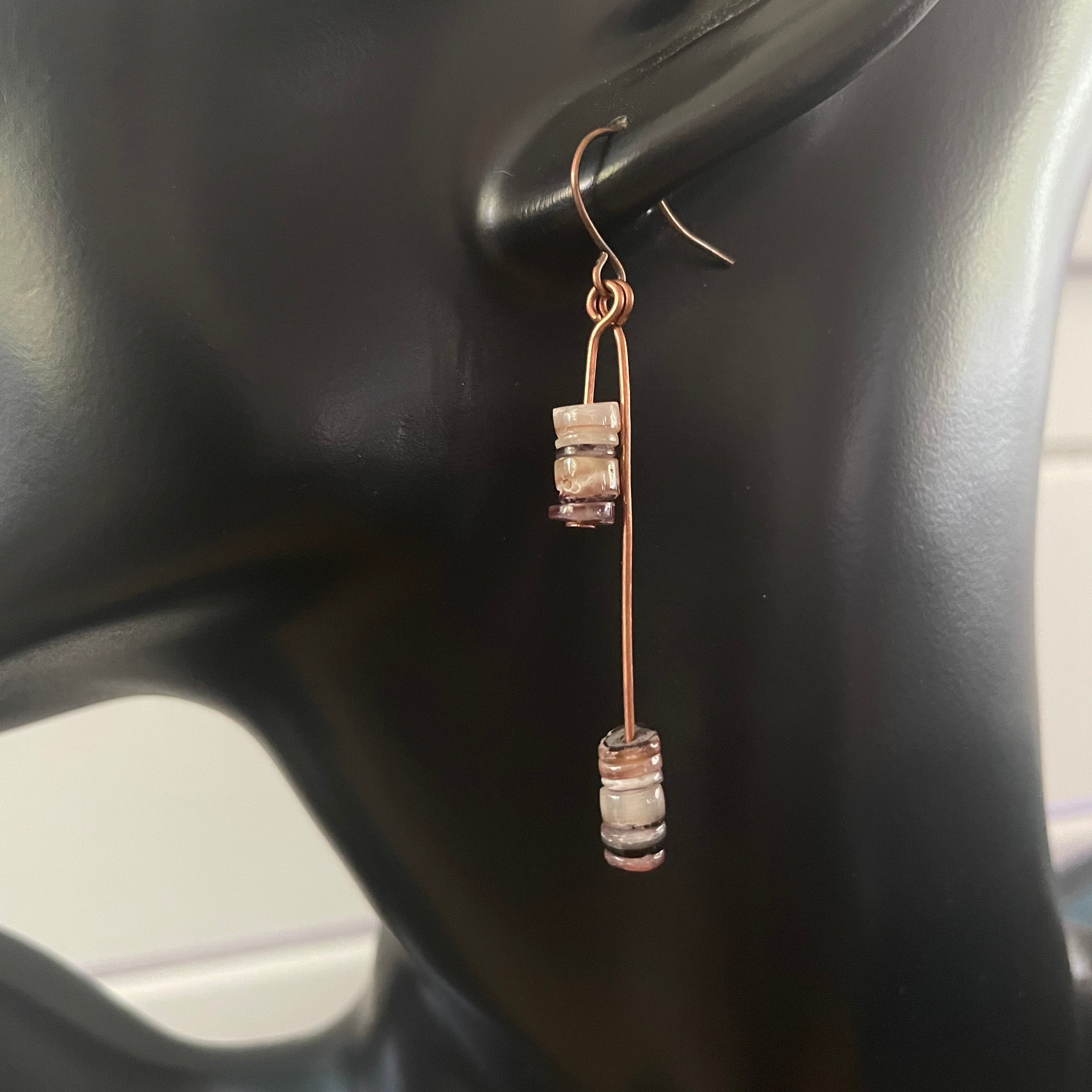 Dangling Shell & Copper Hi- Lo Dangle Earrings 2.25" Fall Autumn Colors Brown Tan Cream Lightweight Women Gift Everyday Fashion Handmade Jewelry