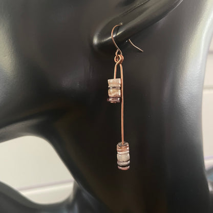 Dangling Shell & Copper Hi- Lo Dangle Earrings 2.25" Fall Autumn Colors Brown Tan Cream Lightweight Women Gift Everyday Fashion Handmade Jewelry