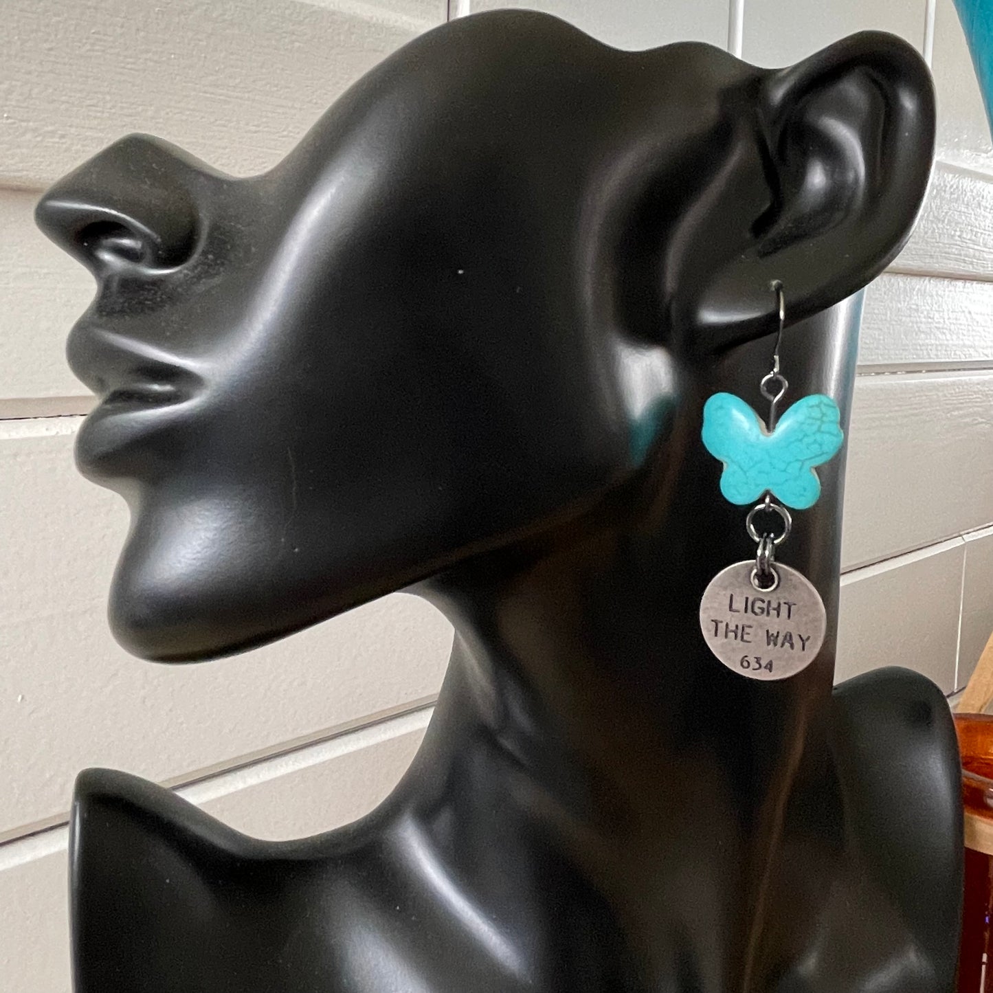 Handmade Blue Marbled Magnesite Butterfly Motivational Saying Statement Earrings Light Here Now Inspiration Positive Gift Everyday Fashion Jewelry