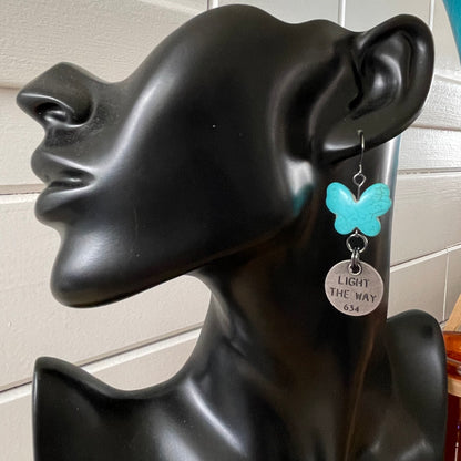 Handmade Blue Marbled Magnesite Butterfly Motivational Saying Statement Earrings Light Here Now Inspiration Positive Gift Everyday Fashion Jewelry