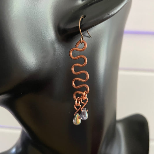 Hand Turned Copper Bar Dangle Earrings 2.25" Handmade Iridescent Metallic Teardrop Beads
