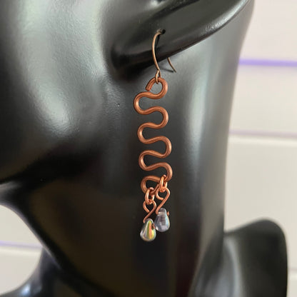 Hand Turned Copper Bar Dangle Earrings 2.25" Iridescent Metallic Teardrop Beads Women Gift Everyday Fashion Handmade Jewelry