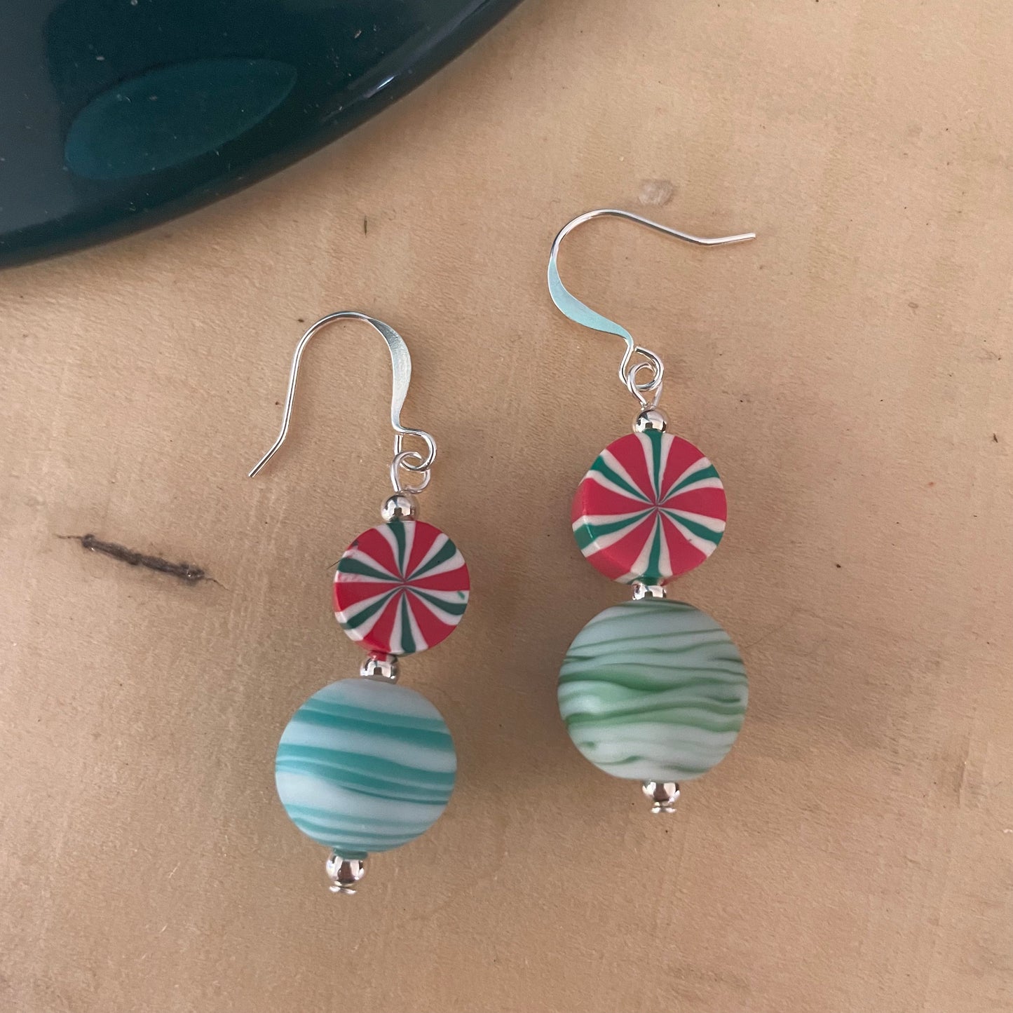 Peppermint Candy Rounds & Swirled Green Glass Bead Earrings White Red Asymmetric Acrylic Rubber Christmas Colorful