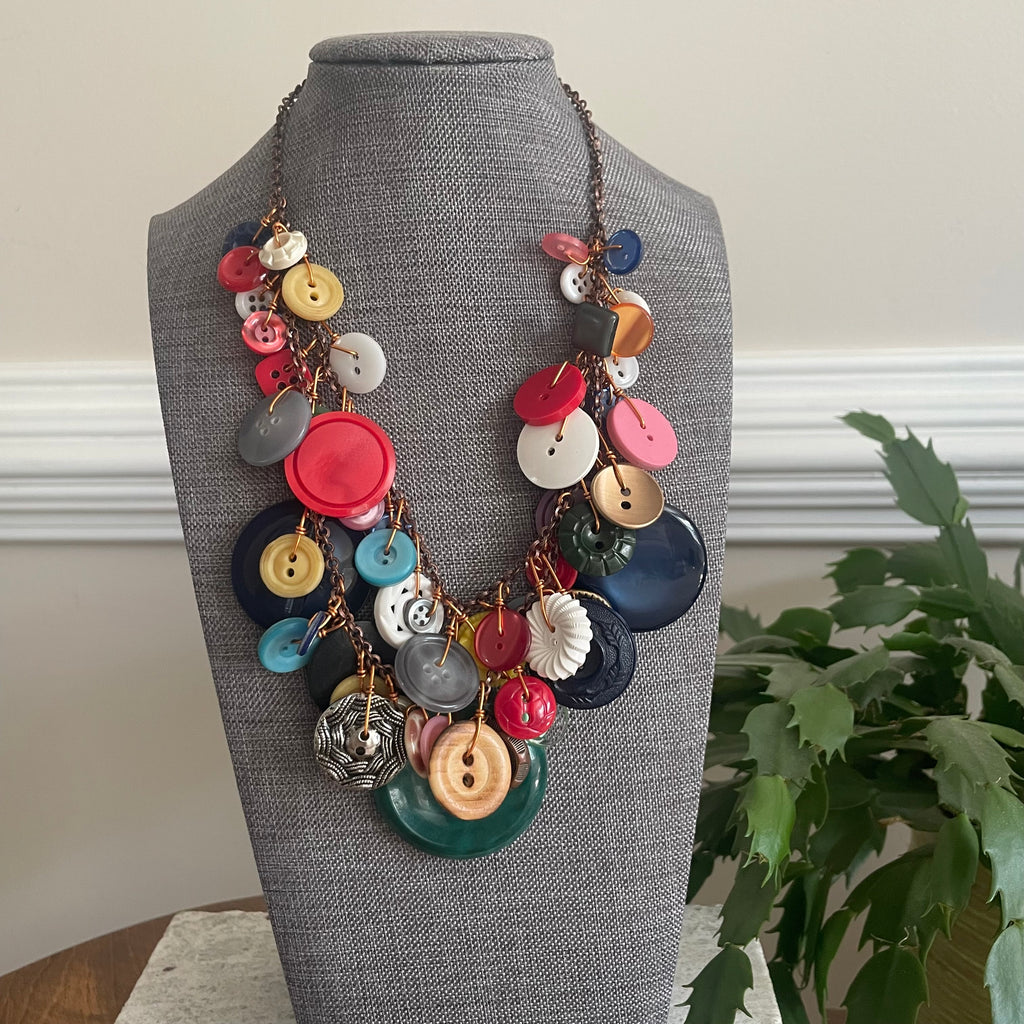 Layered Vintage Button Necklace Women's Statement Jewelry Copper Accents Drama Maximalist Handmade