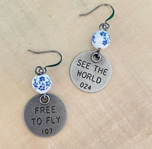 Handmade Blue White Ceramic Bead Earrings Free To Fly See World Stamped Metal Asymmetric Positive Inspiration Motivational