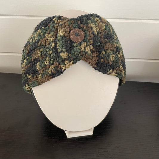 Extra Wide Camouflage Ear Warmer Wood Button Accent 27.5" Fall Winter Outdoor Headband Hand Crocheted Knit