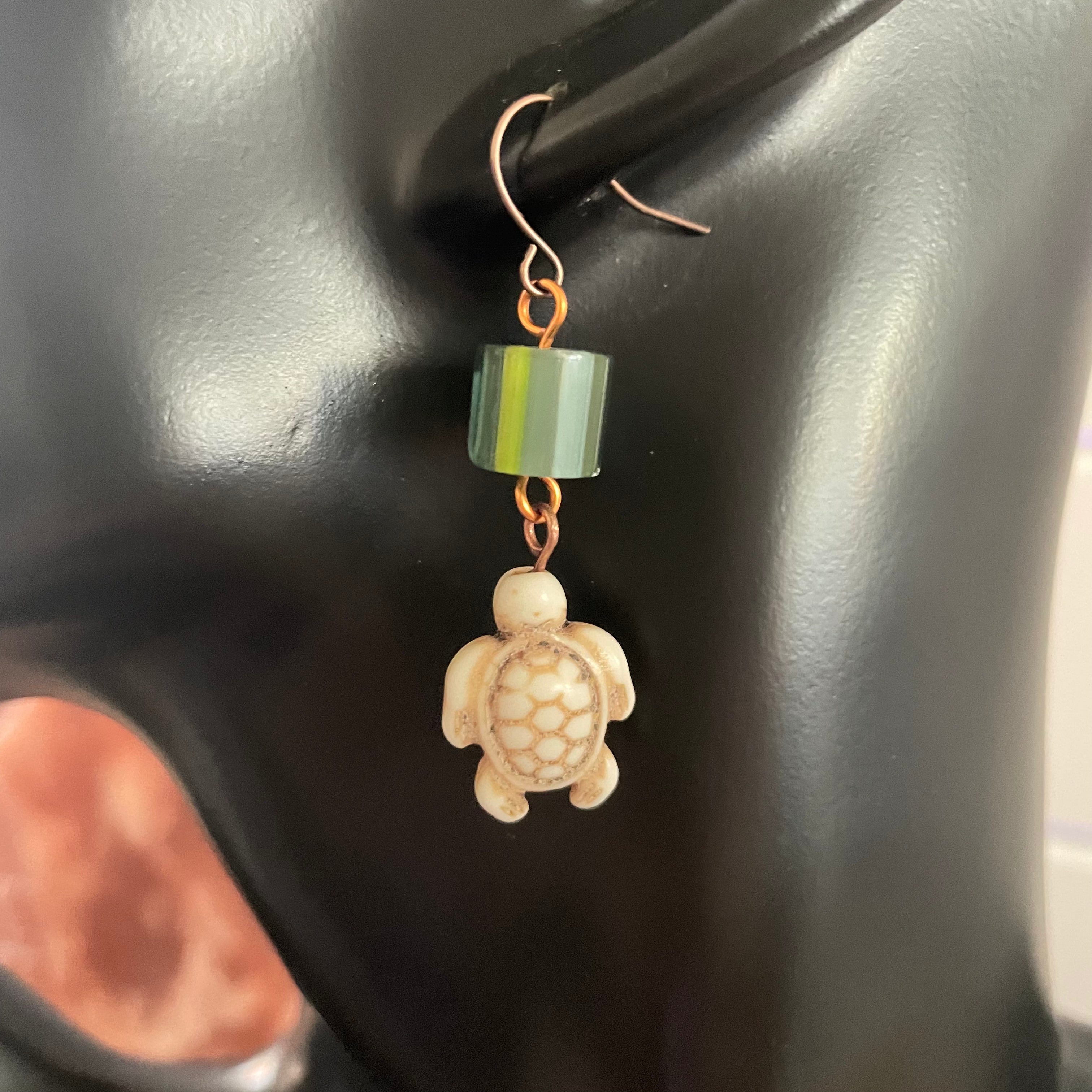 Translucent Green Cain Glass Bead & Cream Magnesite Turtle Dangle Earrings Handmade Geometric Ocean Sea Life Copper Cylinder