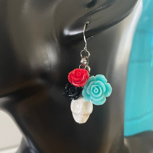 Handmade Skull & Flower Dangle Earrings 2.25" White Blue Black Red Acrylic Gunmetal Ceramic Statement Colorful