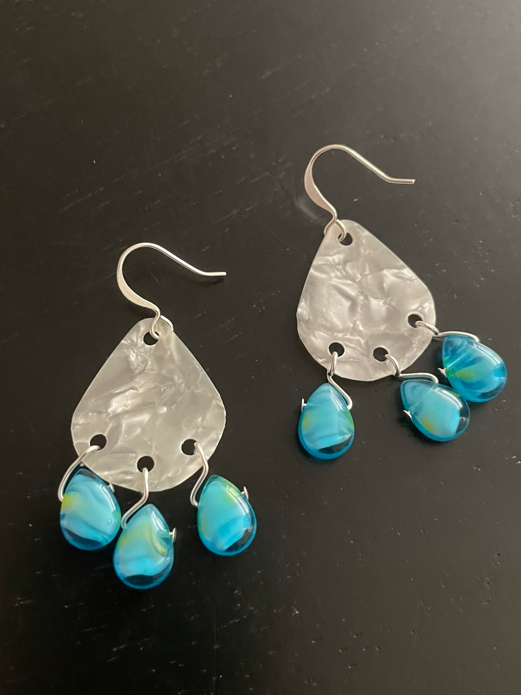 "Rain Cloud" Guitar Pick Earrings White Blue Acrylic Glass Casual Women's Jewelry Fun Playful 2"