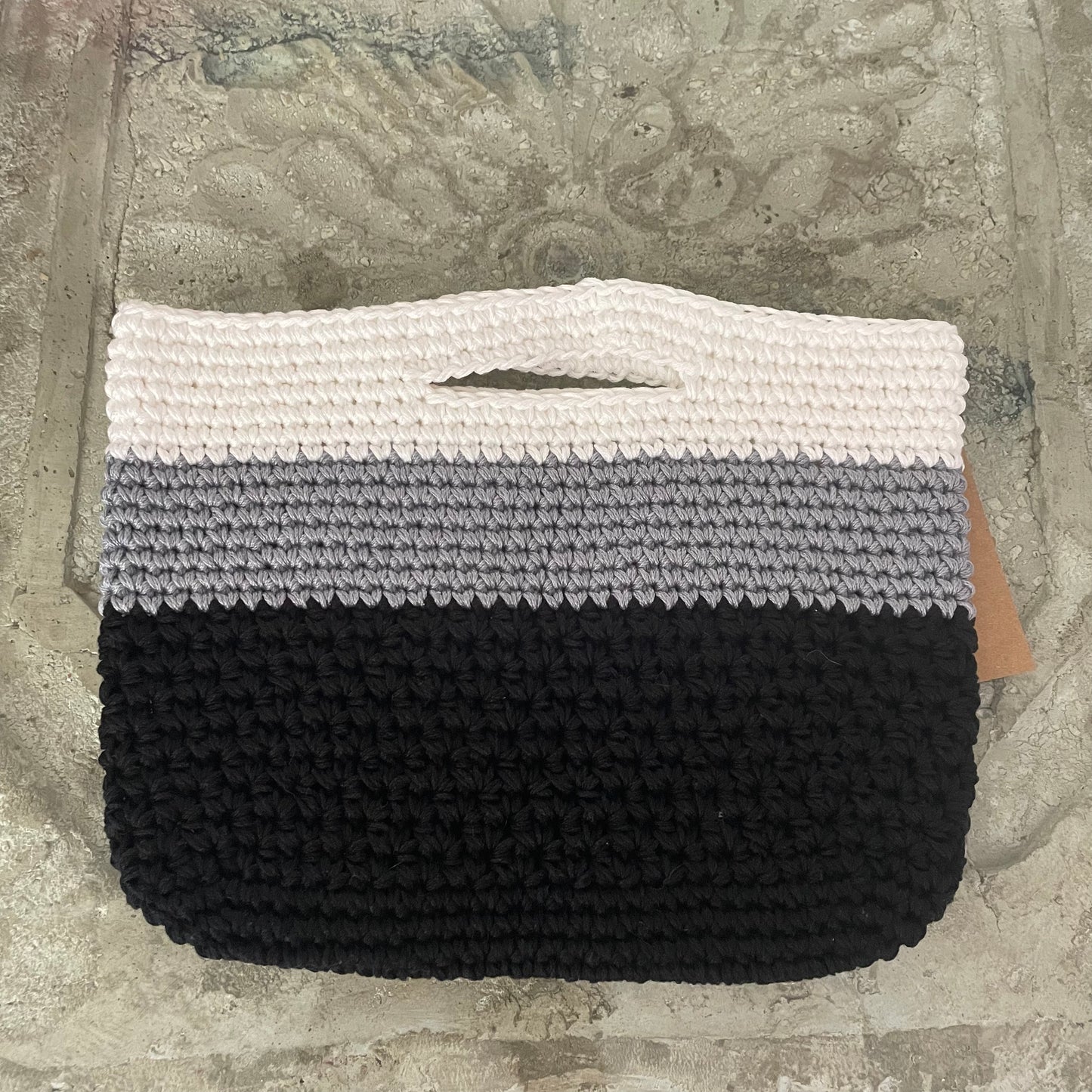Colorblock Hand Crocheted Handled Purse Medium Knit Handbag Boho Minimalist Chic Cottagecore Black White Gray 100% Cotton