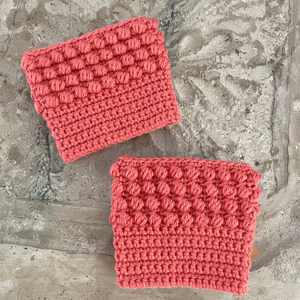 Boot Cuffs in Rusty Salmon Puff Stitch 11.5" Hand Crocheted Knit Fall Winter Hiking Indoor Outdoor Cozy Leg Warmers