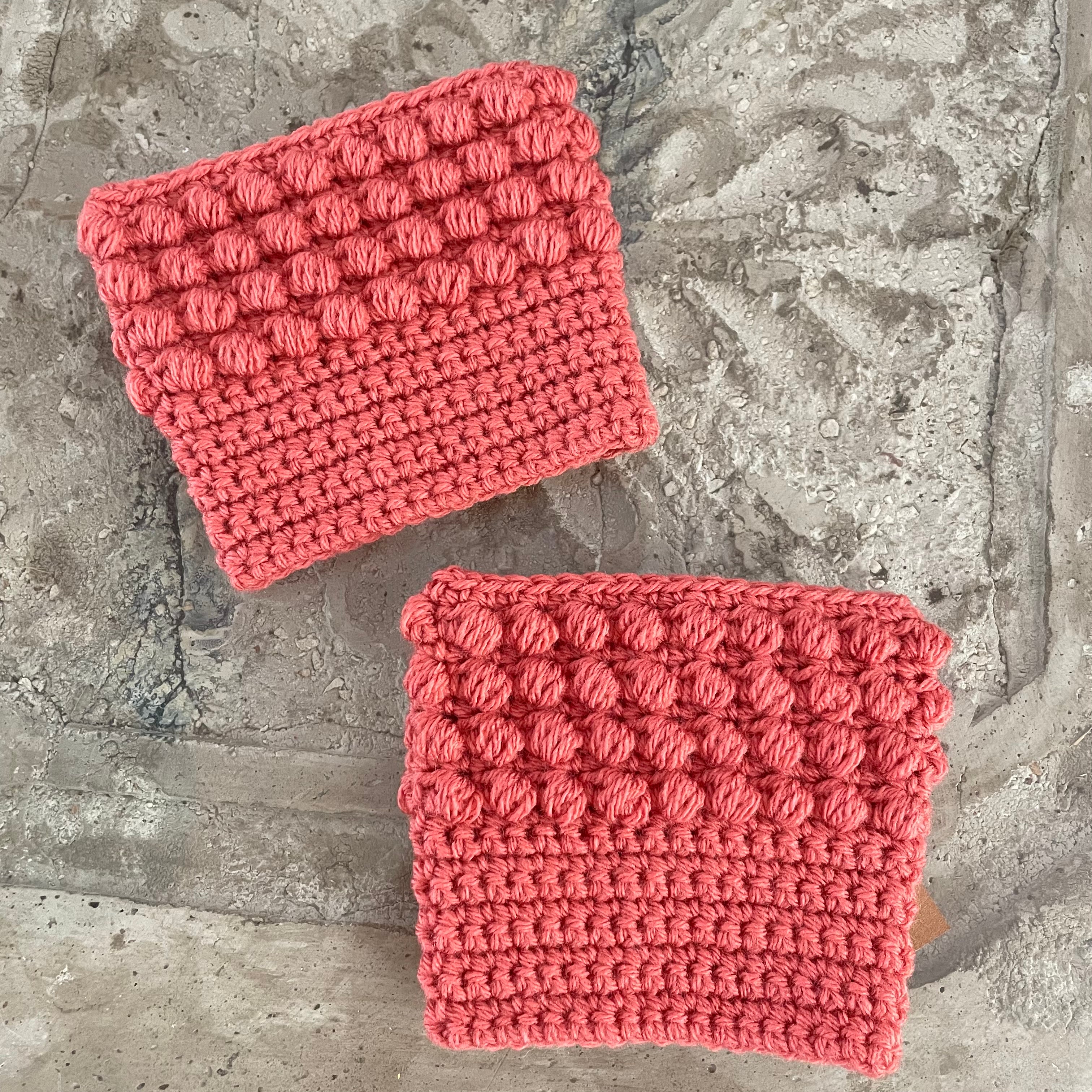 Boot Cuffs in Rusty Salmon Puff Stitch 11.5" Hand Crocheted Knit Fall Winter Hiking Indoor Outdoor Cozy Leg Warmers