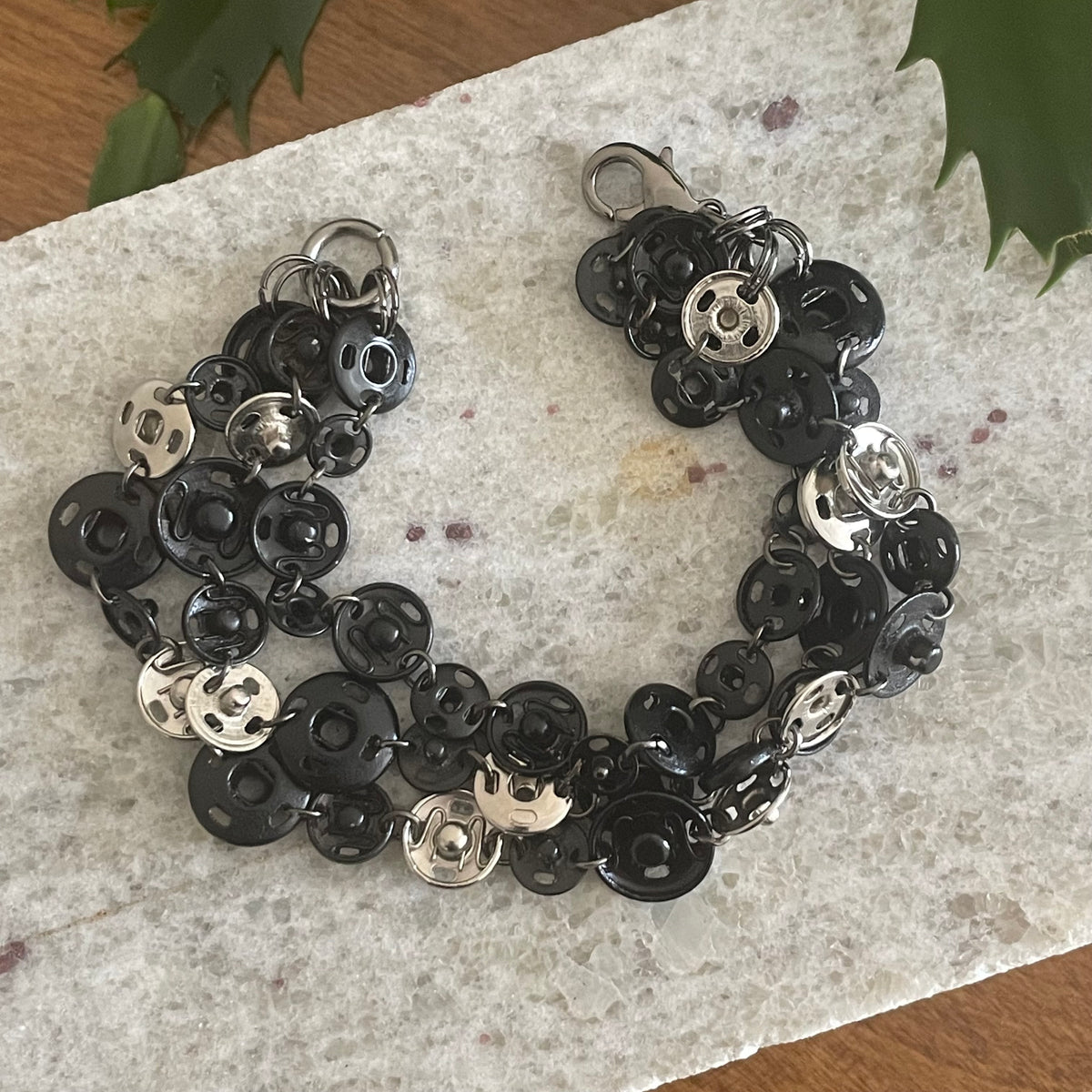 Tri-layer Snap Bracelet Black Silver Casual Upcycled Women's Jewelry Fun Hand Crafted Gift Idea Crafters Maximalist Lightweight