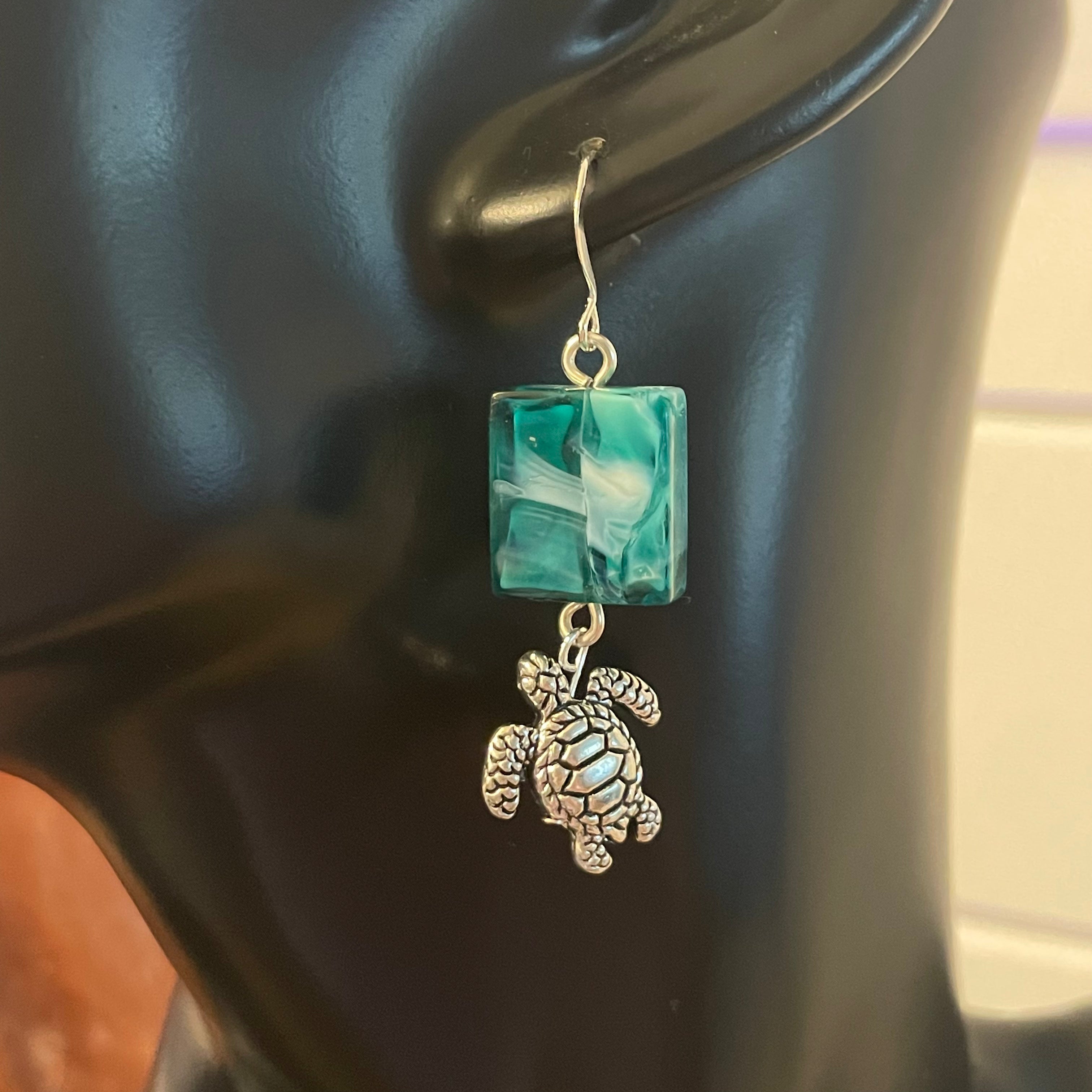 Smokey Swirl Blue & White Pressed Glass Bead & Mixed Metal Turtle Earrings Geometric Ocean Sea Life Women Gift Everyday Fashion Handmade Jewelry