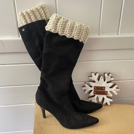 Extra Warm Ribbed Boot Cuffs in Vanilla Creme 12" Hand Crocheted Knit Fall Winter Hiking Wool Blend Ivory Cream