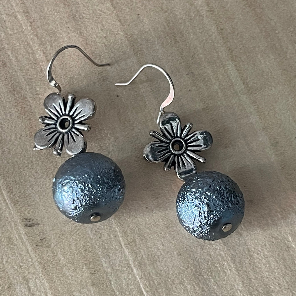 Antiqued Flower Blue Metallic Earrings 1.5" Handmade Textured Casual Glam Everyday Pop of Color