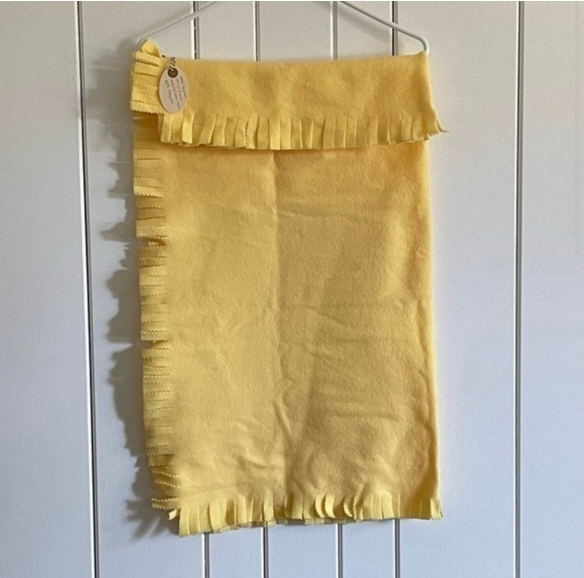 Hand Crafted Sunshine Yellow Fleece Baby Blanket NWT 29” x 31” Wide Fringe Kids Toddler Child Bedding Single Layer
