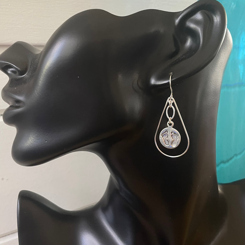 Handmade Stamped Baby Footprint Earrings Dangling Teardrop Hoops New Mom Gift Baby Shower Minimalist Casual Daily Wear Lightweight