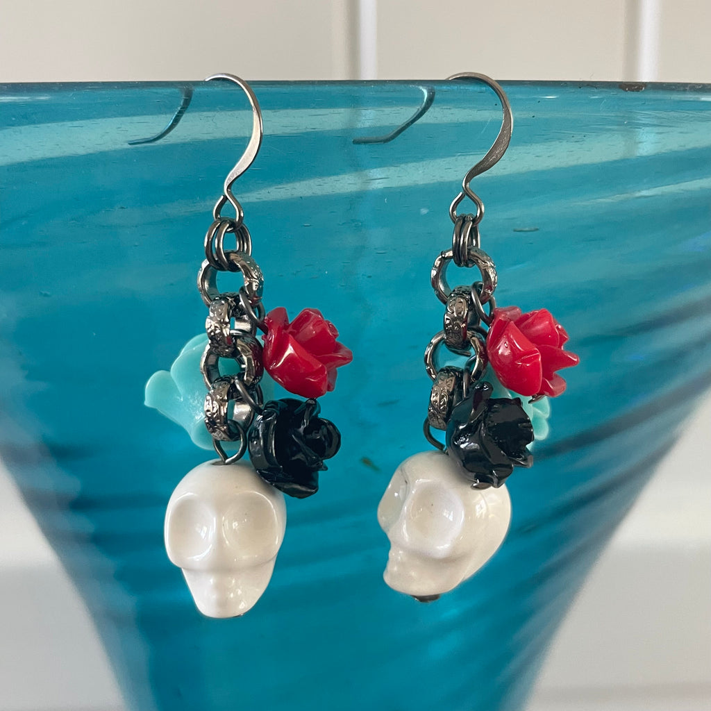 Handmade Skull & Flower Dangle Earrings 2.25" White Blue Black Red Acrylic Gunmetal Ceramic Statement Colorful