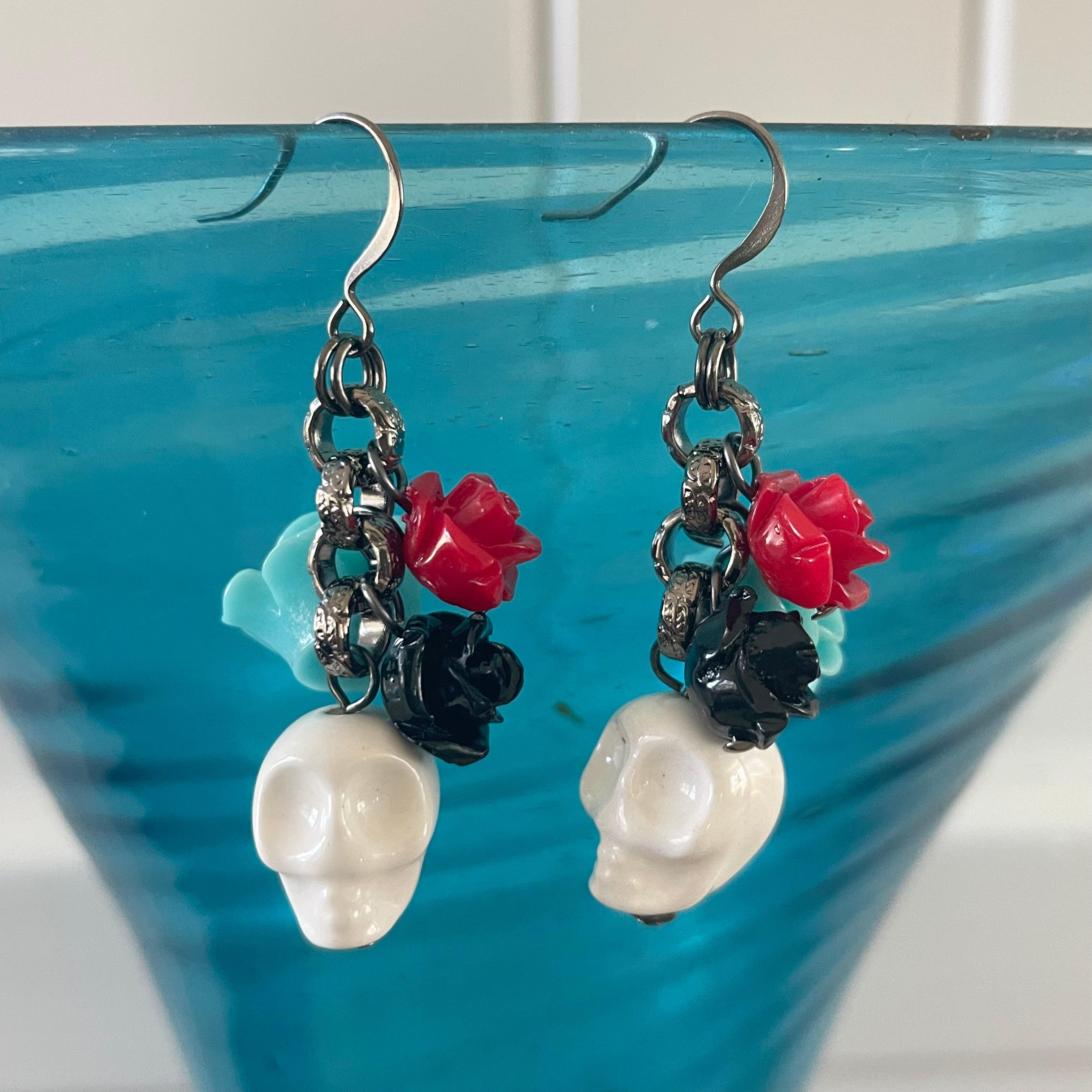 Handmade Skull & Flower Dangle Earrings 2.25" White Blue Black Red Acrylic Gunmetal Ceramic Statement Colorful