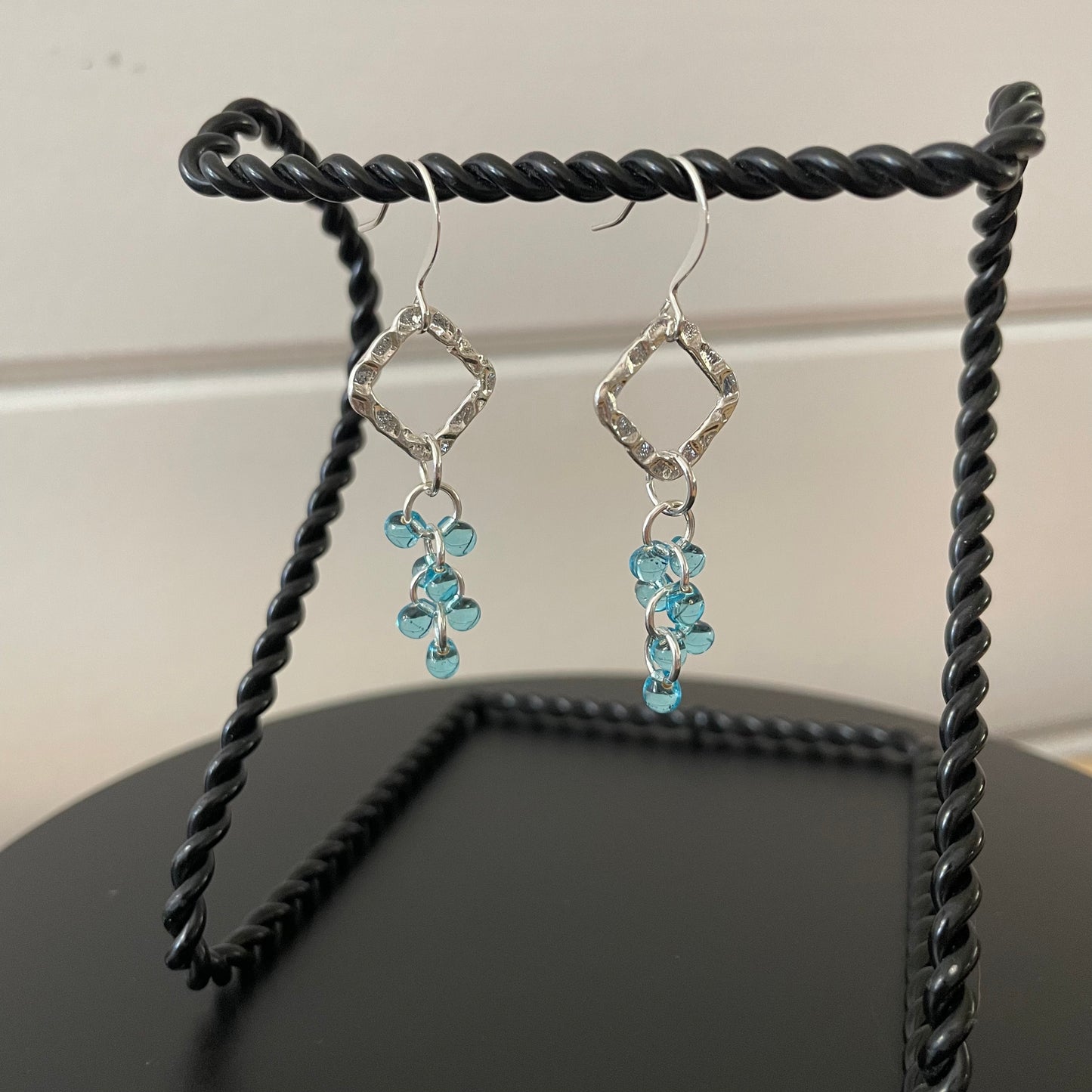 Textured Dangle Earrings Hand Crafted Geometric Light Blue Silver