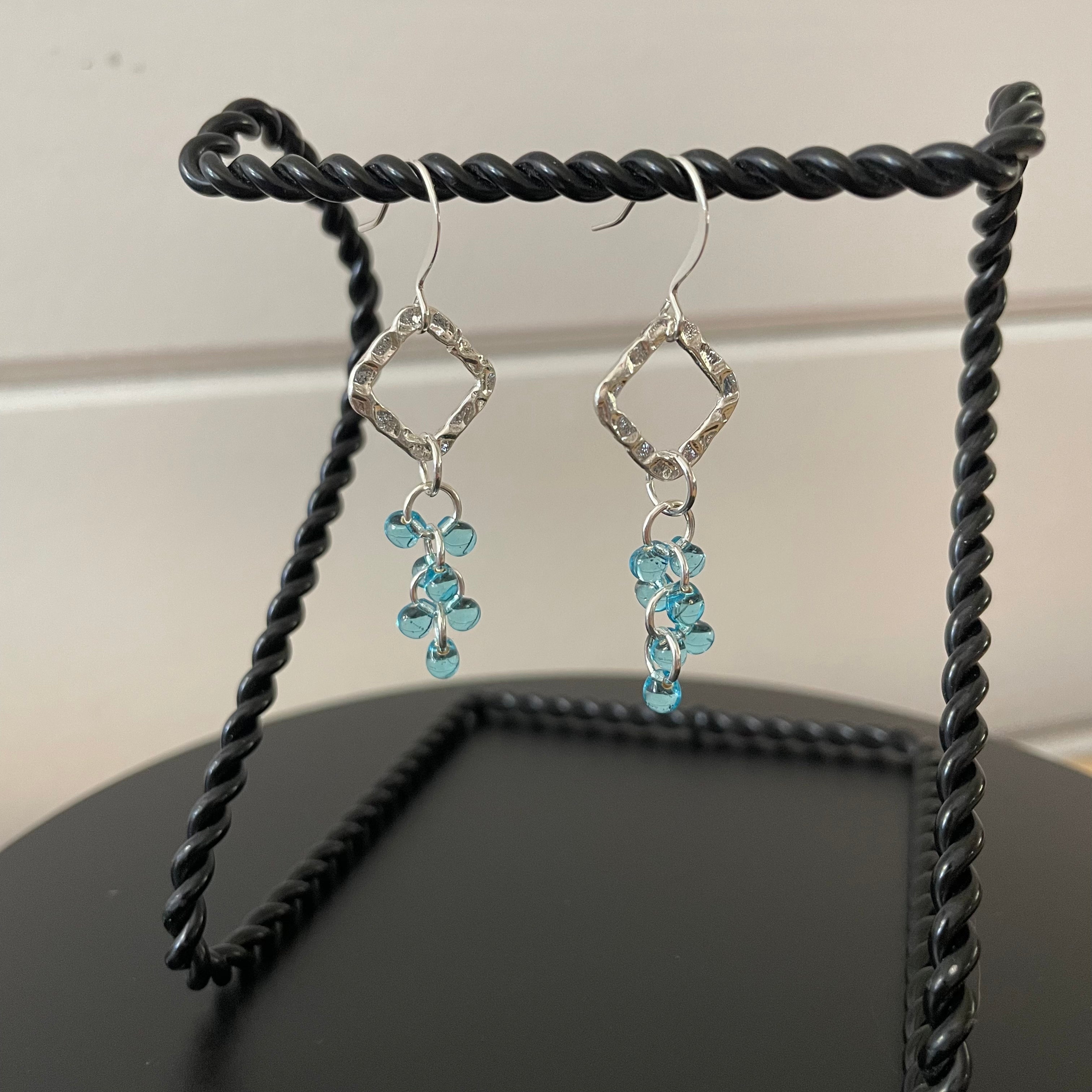 Textured Dangle Earrings Hand Crafted Geometric Light Blue Silver Women Gift Everyday Fashion Handmade Jewelry