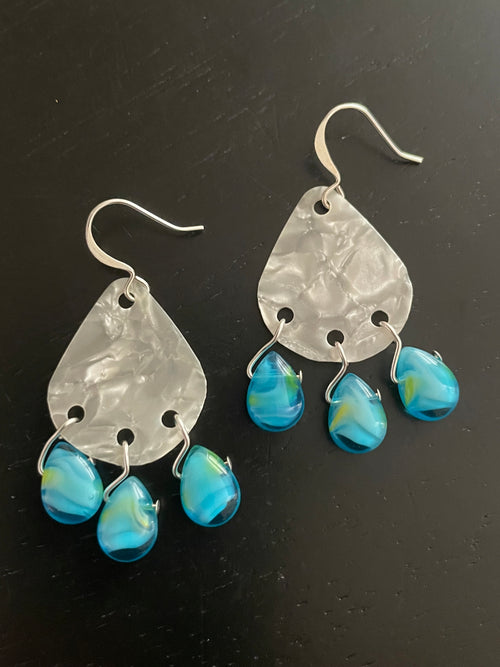 "Rain Cloud" Guitar Pick Earrings White Blue Acrylic Glass Casual Women's Jewelry Fun Playful 2"