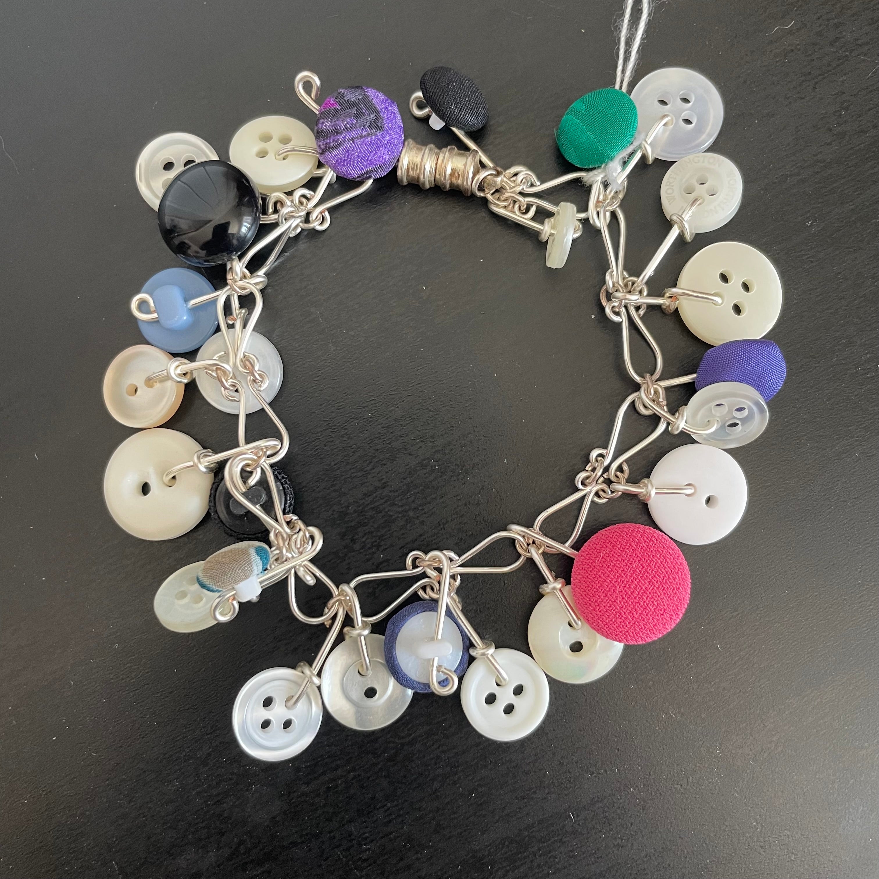 Vintage Button Dangle Bracelet 7.5” Handmade Link Women's Multicolor Chunky Jewelry Gift Repurposed Upcycled