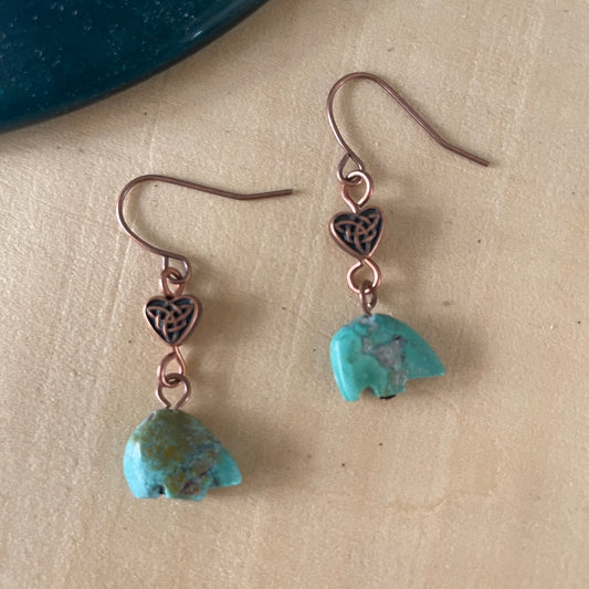 Handmade Carved Turquoise Bear Dangle Earrings 1.38" Copper Celtic Knot Heart Southwestern Western Animal