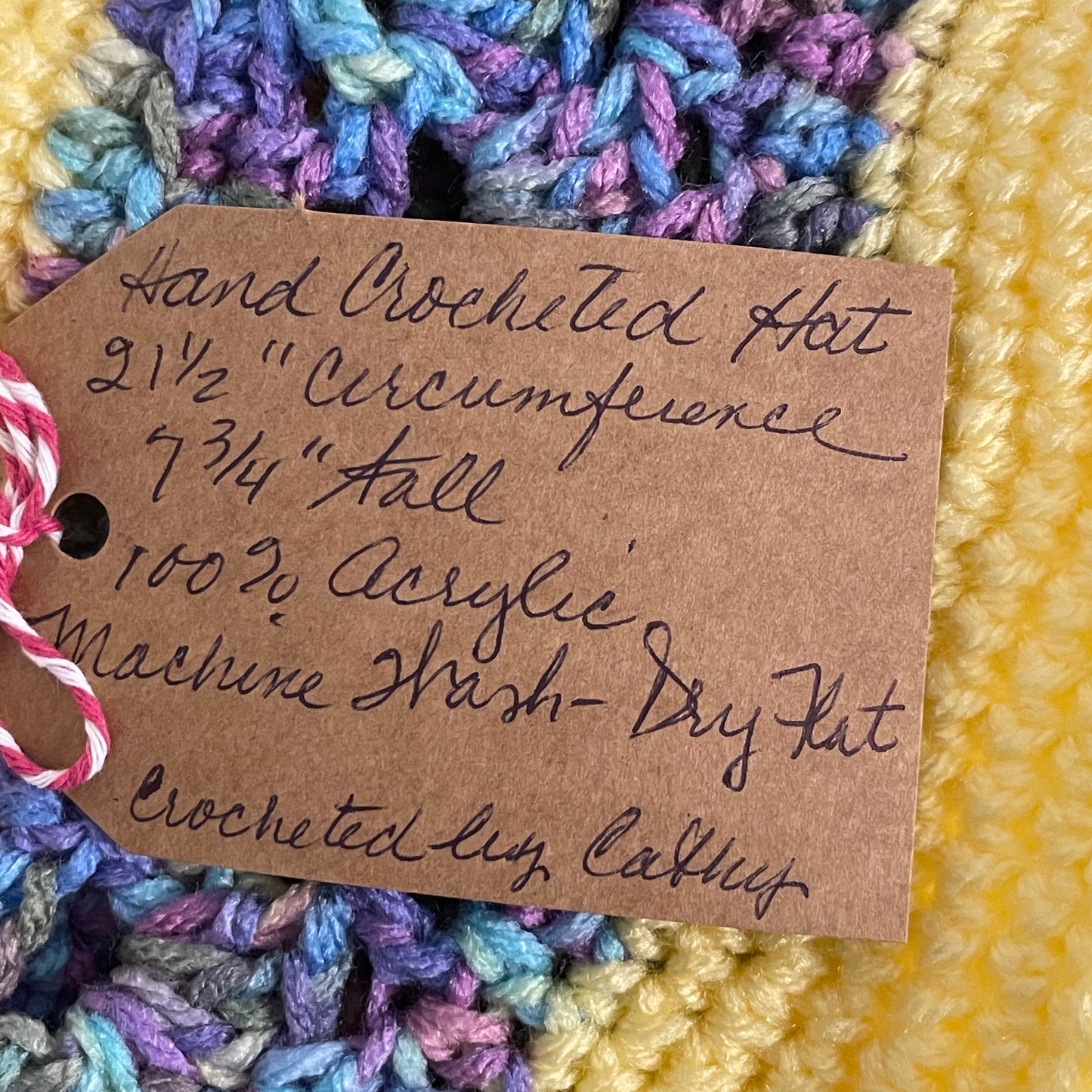 Rolled Brim Hat in Sunshine Yellow Hand Crafted Knit Unisex Vintage Retro Style Outdoor Crocheted Blue Purple Marble Accent