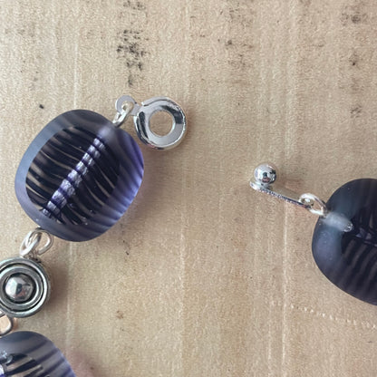 Purple Striped Glass & Silver Plated Bead Bracelet Hand Crafted Chunky Women's Jewelry Everyday Business Casual Mom Sister Aunt Gift Birthday Holiday Multicolor