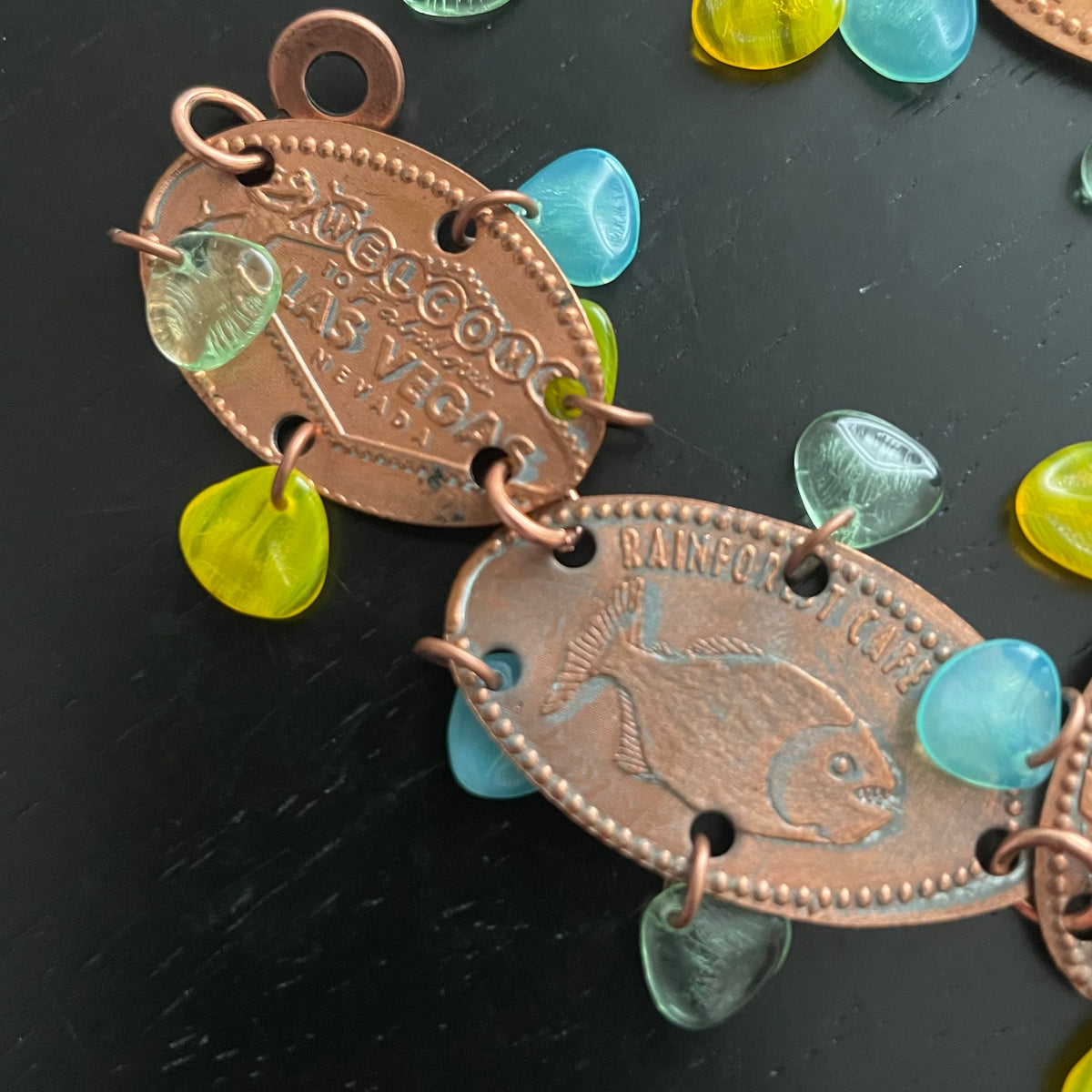 Flattened Penny Bracelet Czech Glass Accents Casual Women's Jewelry Yellow Blue Gift Idea
