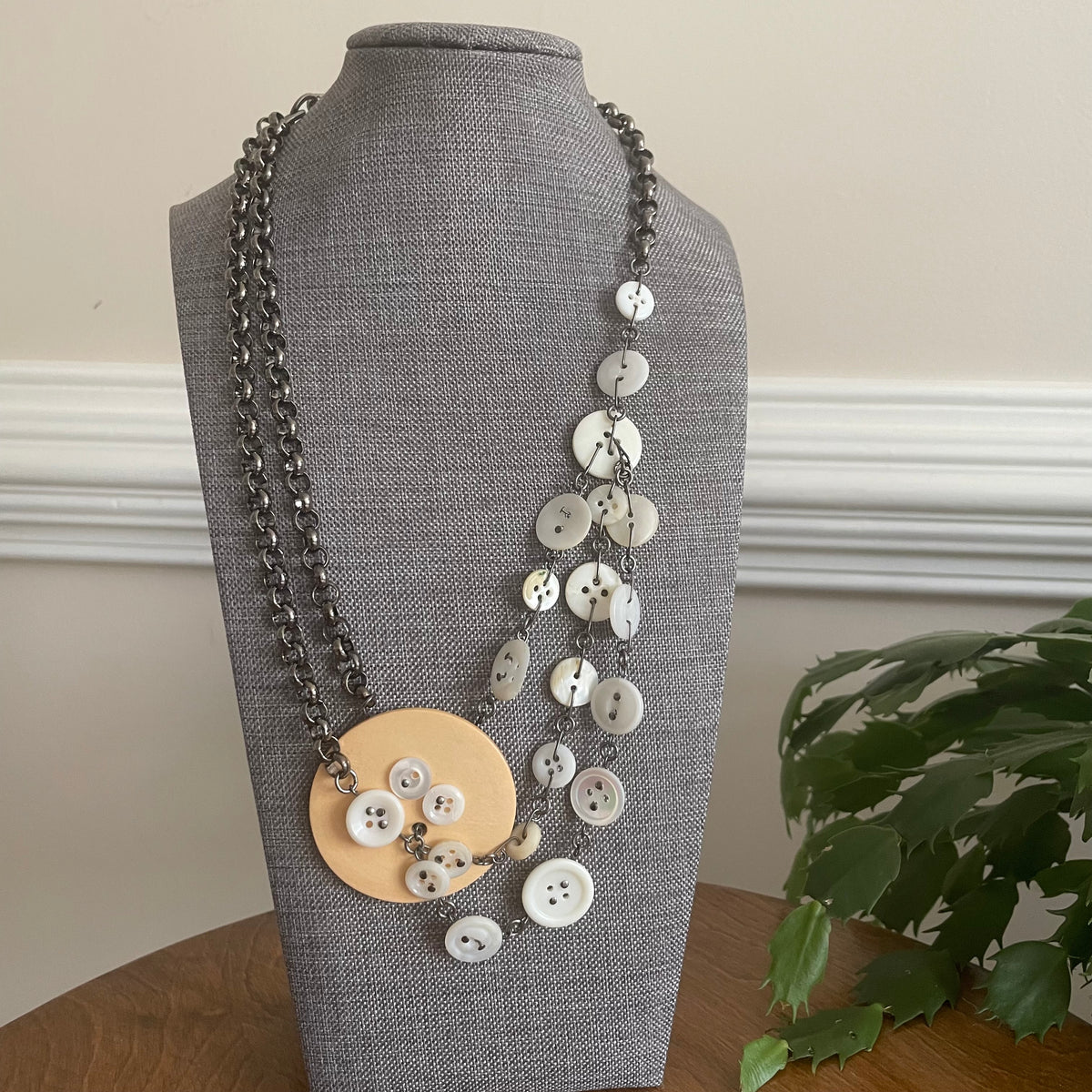 Upcycled Button & Gunmetal Chain Statement Necklace Women's Jewelry Maximalism Layered Fun Statement Piece