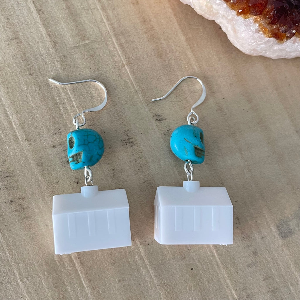 Mini Skull "Haunted Hotel" Earrings 1.75" Turquoise Magnesite Blue White Street Halloween Humor Fun Handmade Repurposed