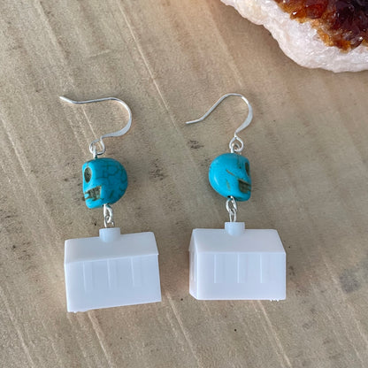 Mini Skull "Haunted Hotel" Earrings 1.75" Turquoise Magnesite Blue White Street Halloween Humor Fun Handmade Repurposed