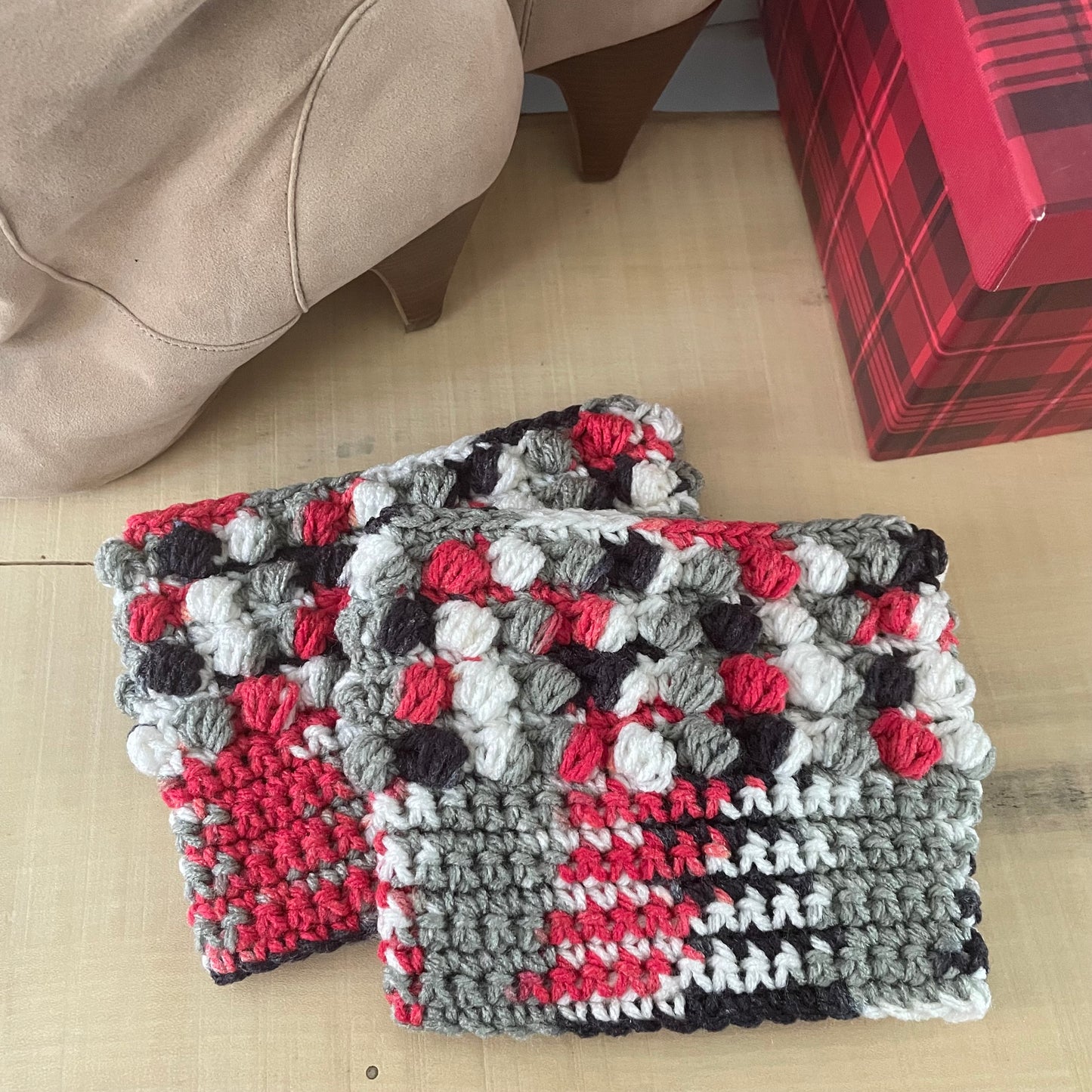 Hand Crocheted Boot Cuffs in Red Black & Gray Marble Puff Stitch Knit Winter Fall--displayed flat, layered together