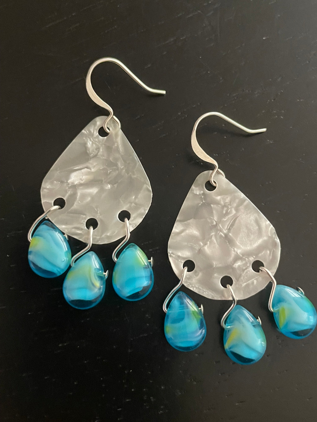 "Rain Cloud" Guitar Pick Earrings White Blue Acrylic Glass Casual Women's Jewelry Fun Playful 2"